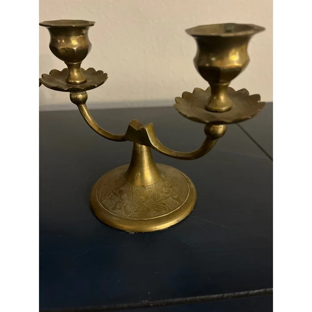 Vintage Brass‎ Candelabra Pair Ornate Floral Embossed China